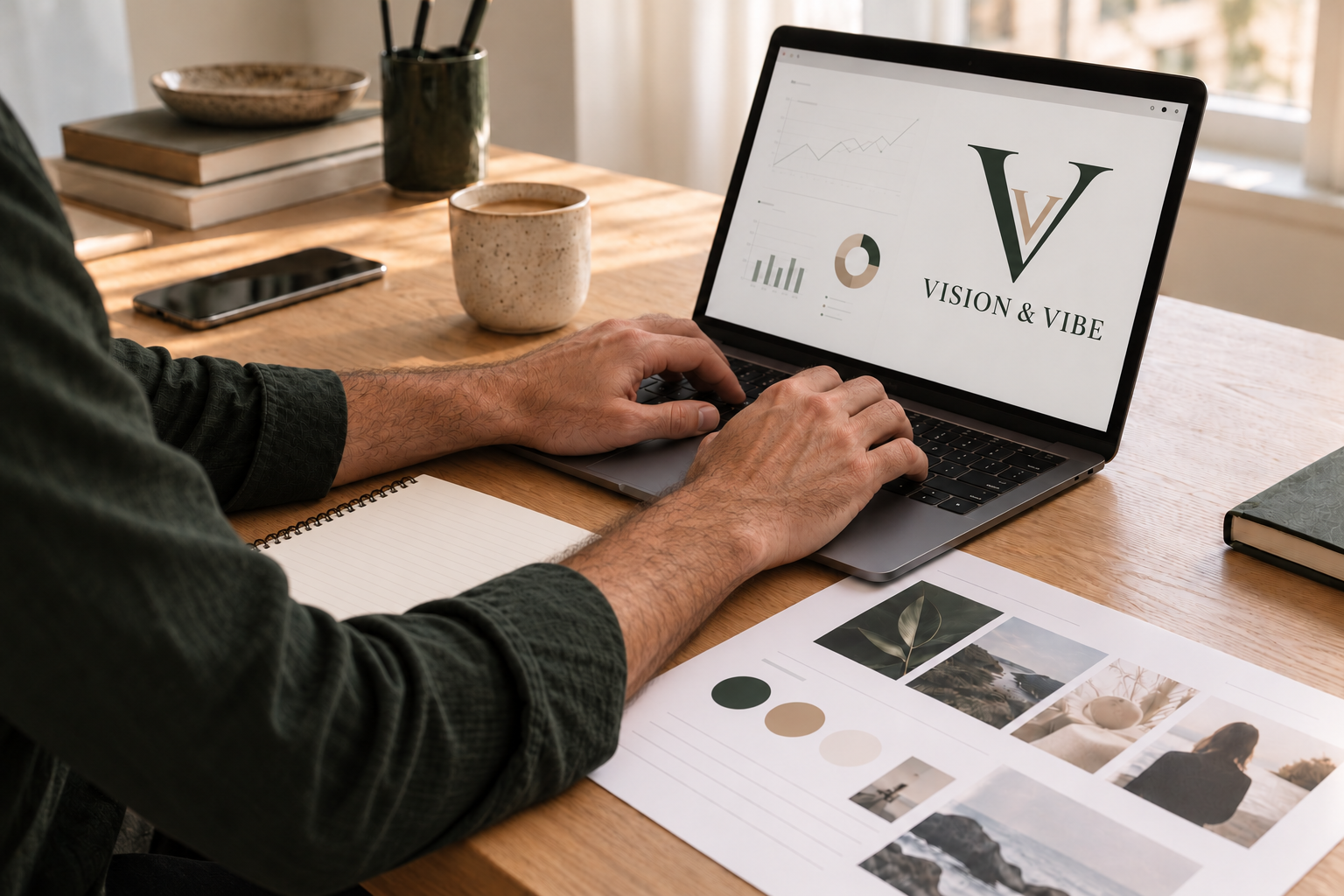 Person som arbetar vid en laptop där Vision & Vibe visas på skärmen, med materialprover på bordet
